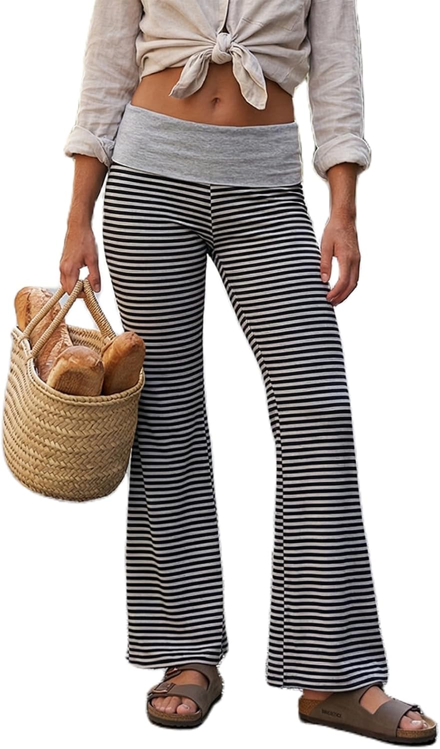 Women's Fold Over Low Rise Flare Leggings Striped