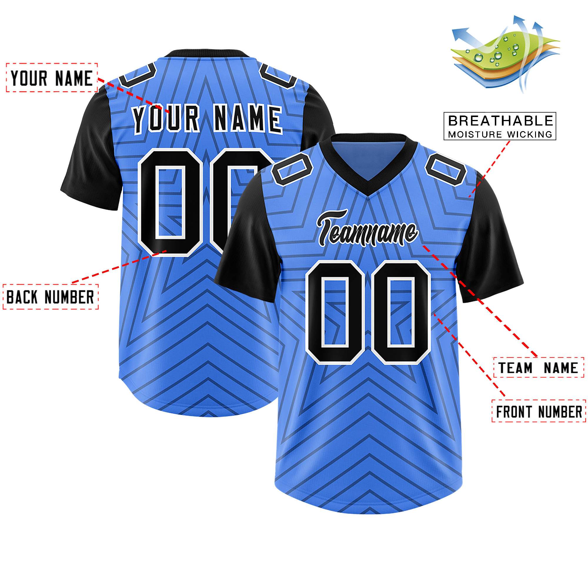 Individuell personalisiertes, authentisches Fußballtrikot mit Raglanärmeln und Sternenmuster