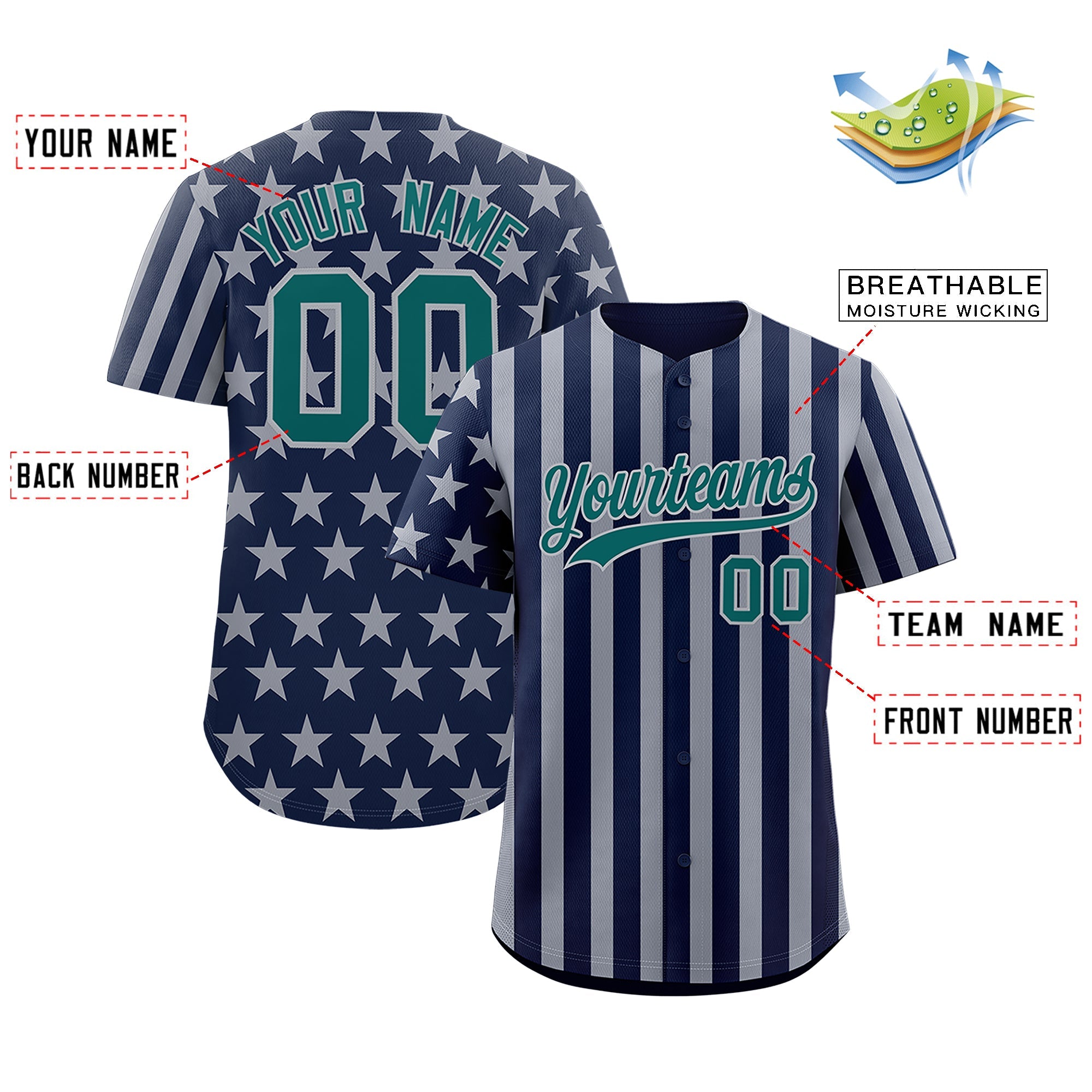 Benutzerdefiniertes Graffiti-Muster-Baseball-Trikot mit amerikanischer Flagge
