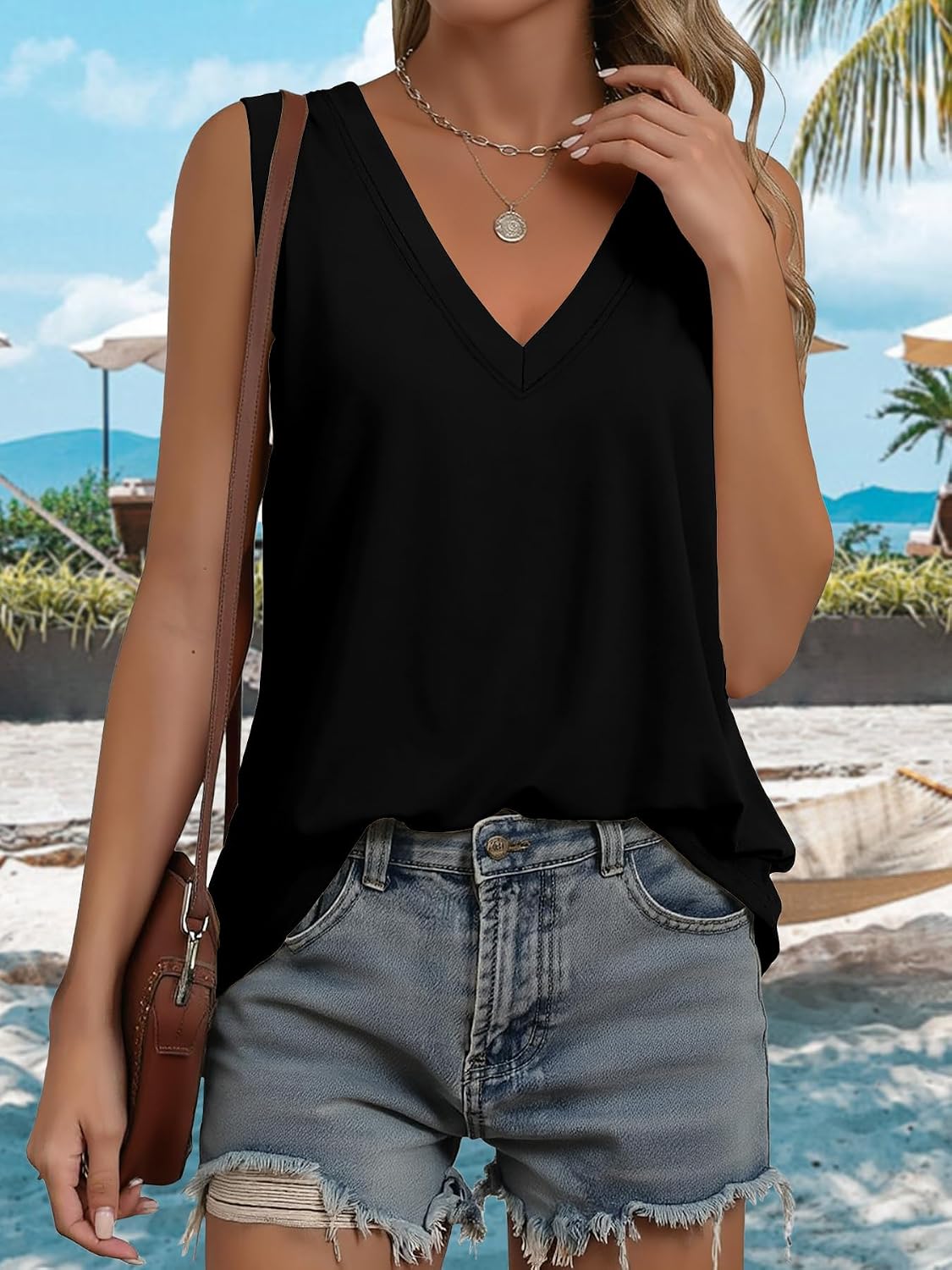Women's Loose Fit V Neck Flowy Tank Top Black Women's Loose Fit V Neck Flowy Tank Top Black