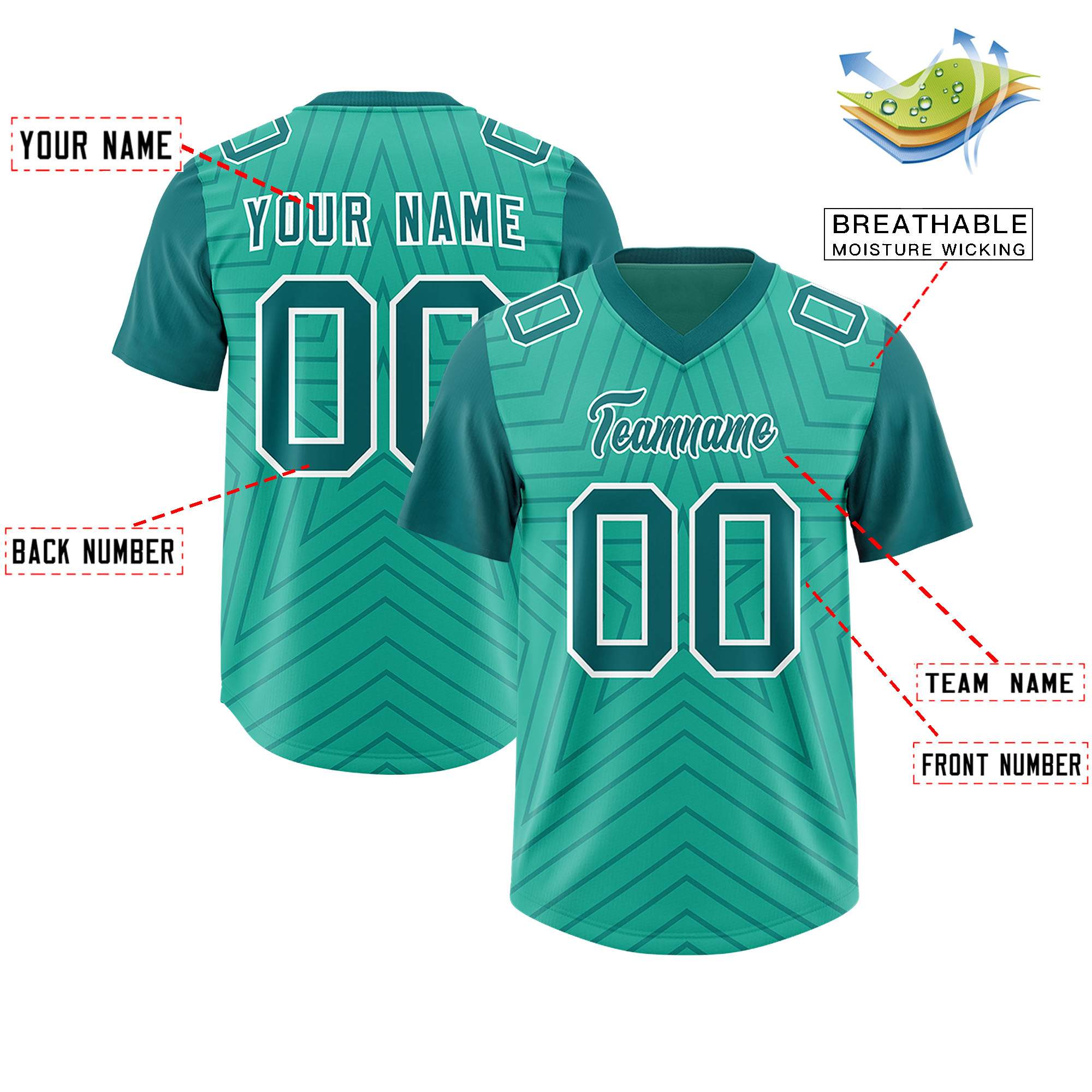 Benutzerdefinierte leuchtend grüne Aqua personalisierte Sternmuster Raglanärmel authentisches Fußballtrikot