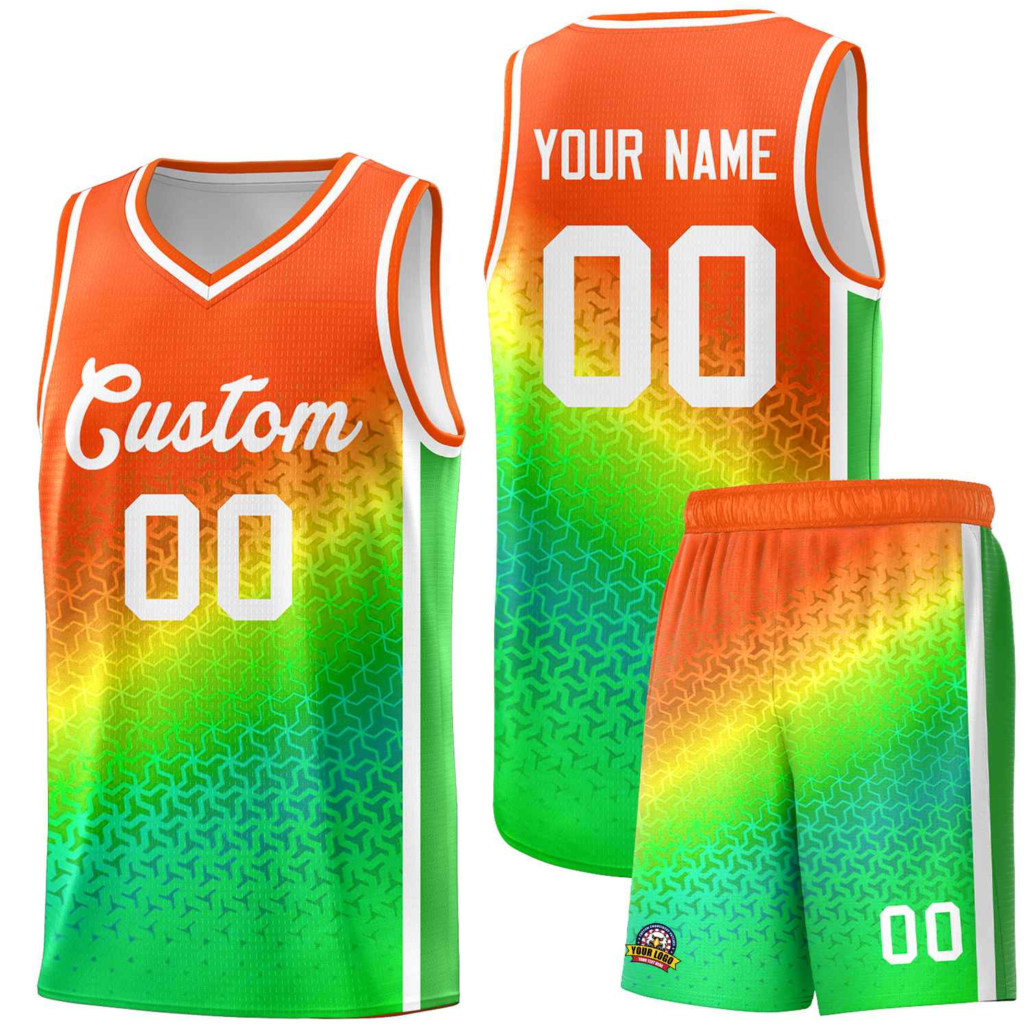 Benutzerdefiniertes orangefarbenes hellgrünes Farbverlaufsdesign mit unregelmäßigen Formen und Muster für Sportuniform-Basketballtrikot