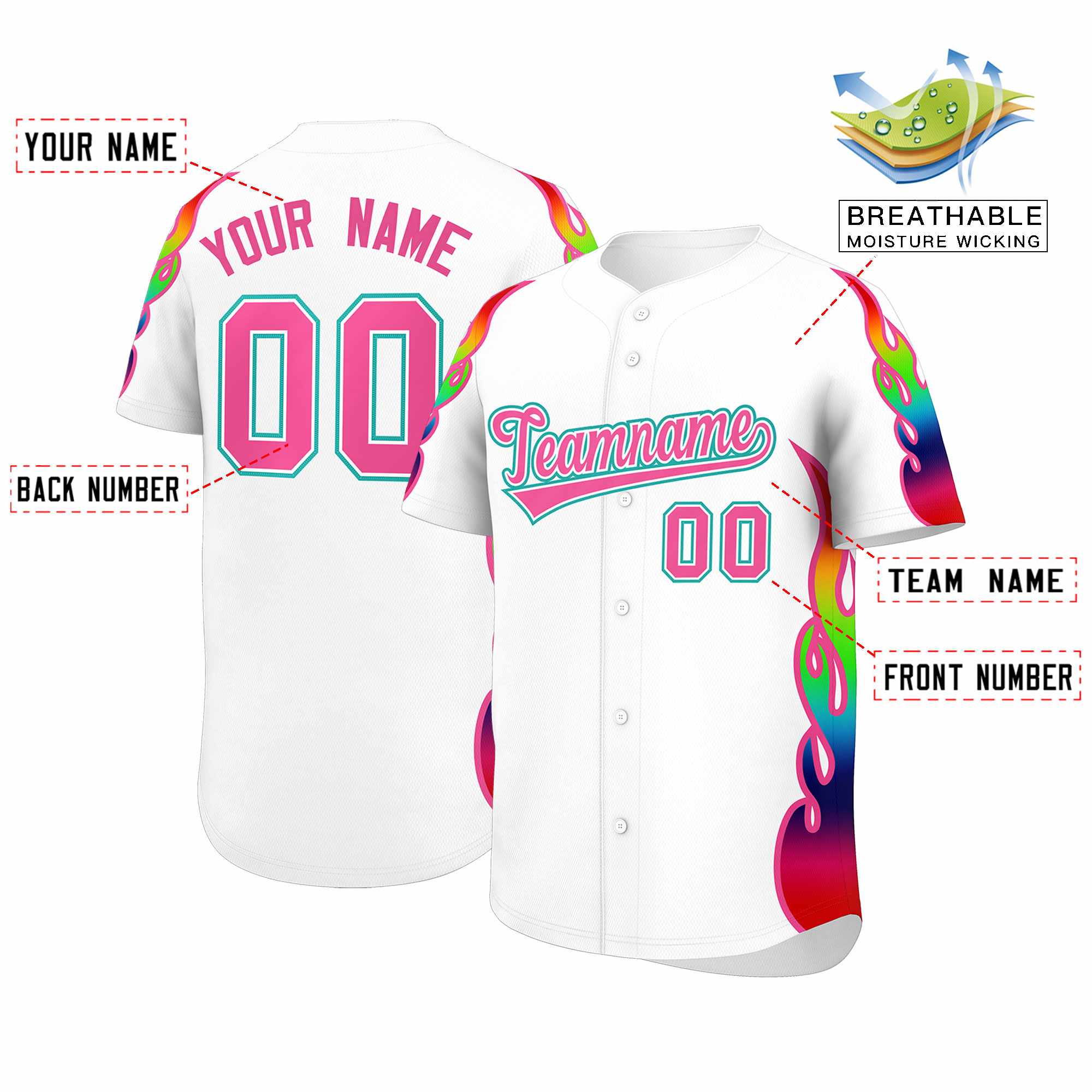 Benutzerdefiniertes Graffiti-Muster, personalisierter mehrfarbiger Flammendruck, authentisches Baseball-Trikot