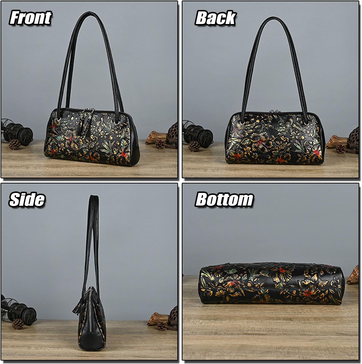 Women's Floral Embossed Cowhide Leather Shoulder Bag Black