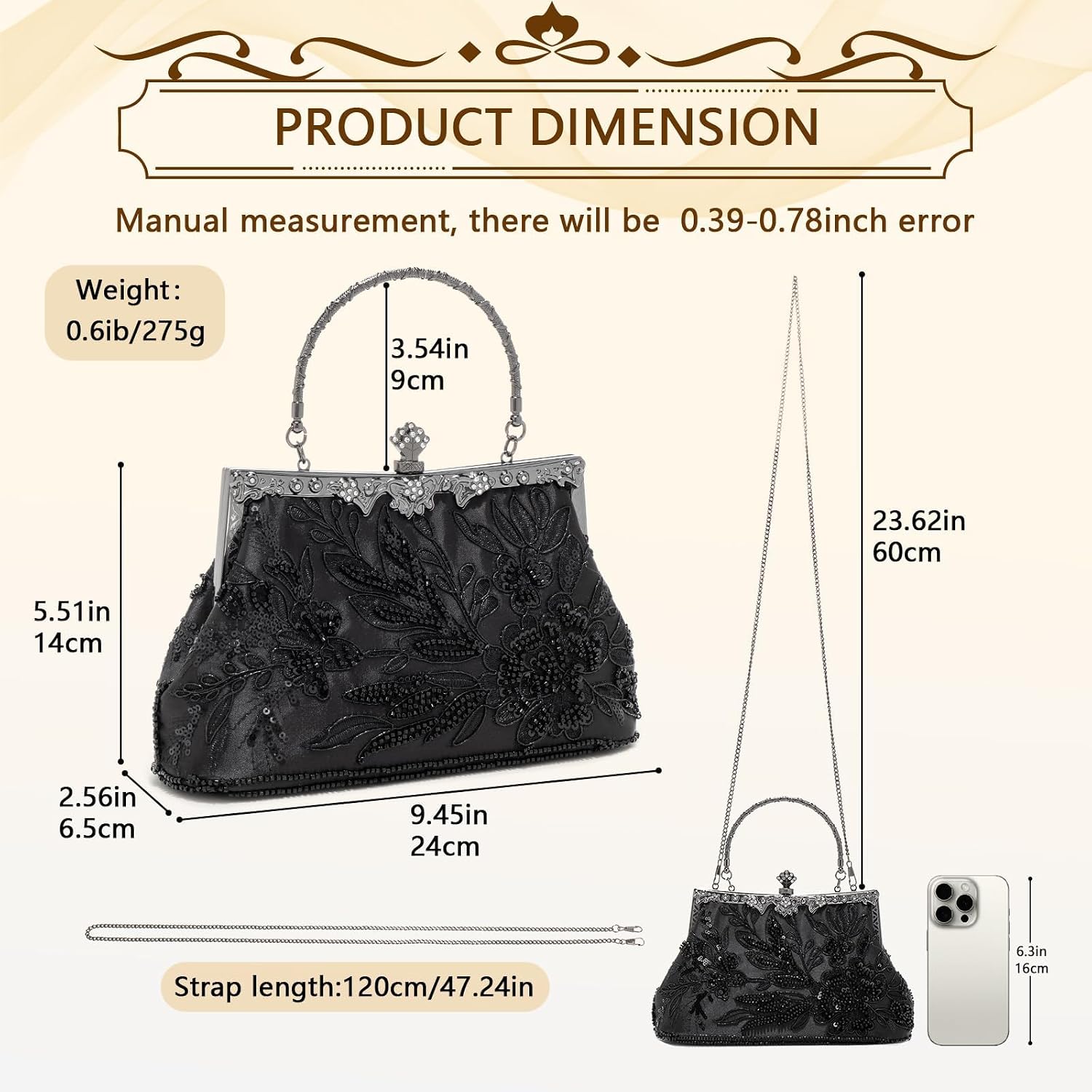 Women's Black Beaded Floral Clutch with Handle and Chain