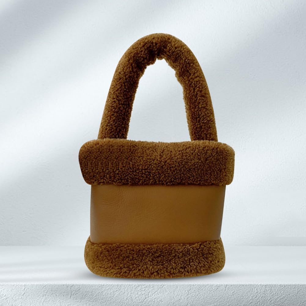 Women's Plush Teddy Top-Handle Bucket Bag, Brown