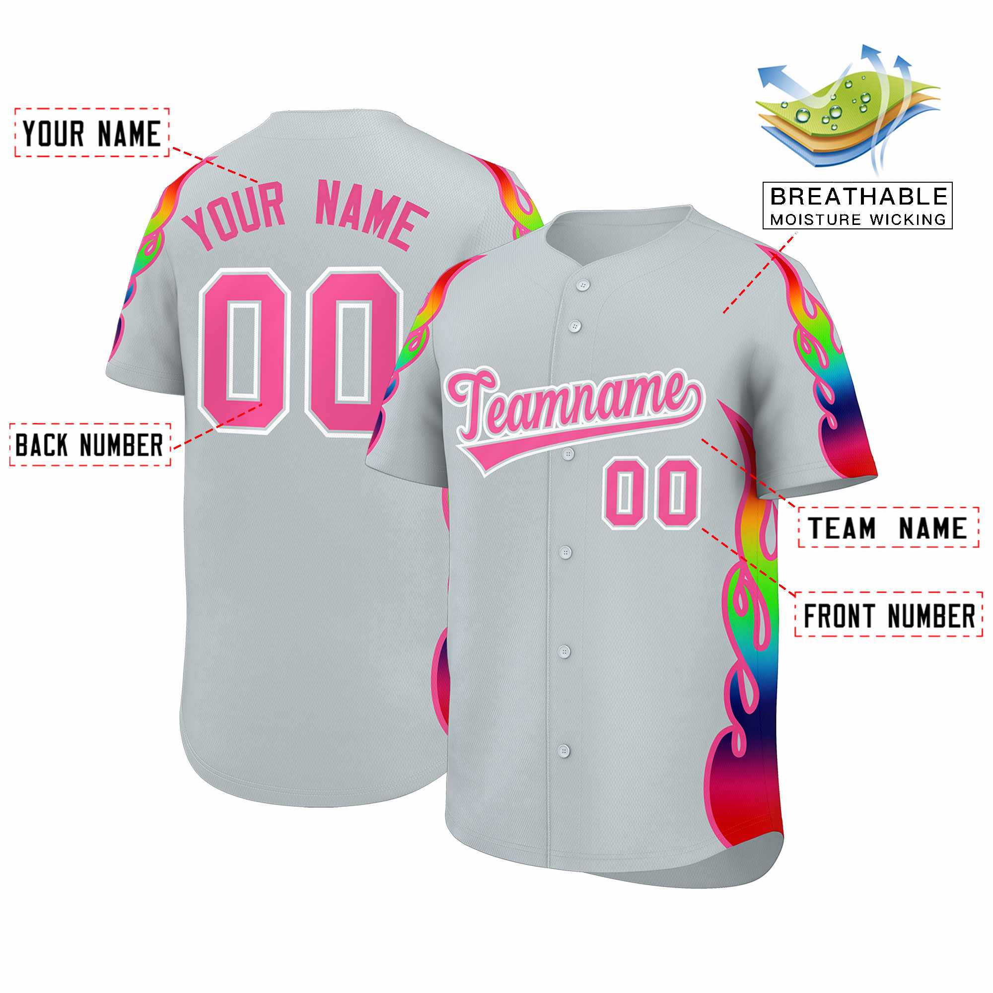 Benutzerdefiniertes Graffiti-Muster, personalisierter mehrfarbiger Flammendruck, authentisches Baseball-Trikot