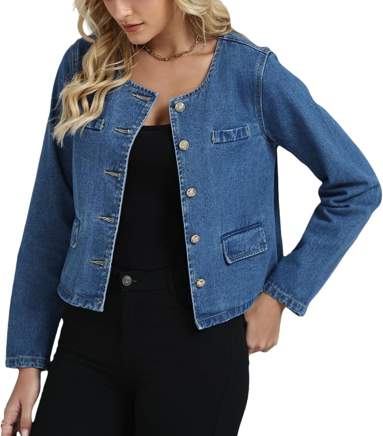 Denim Jacket for Women Collarless Long Sleeve Button Down Cropped Jean Coat