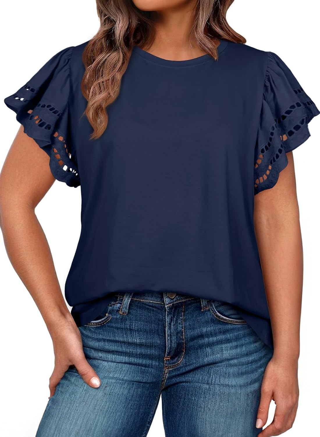 Womens Plus Size Tops Short Sleeve Round Neck Hollow Out Casual Tunic Tees Shirts(1X-5X)