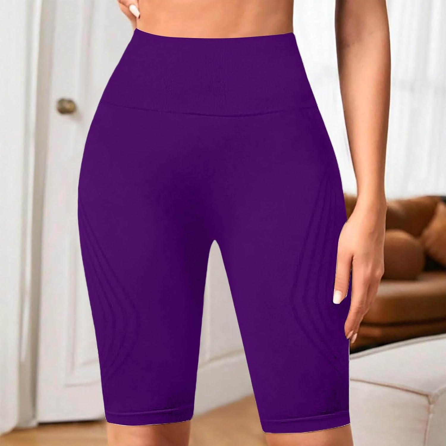 Women's High Waist Textured Knit Biker Shorts (Purple)