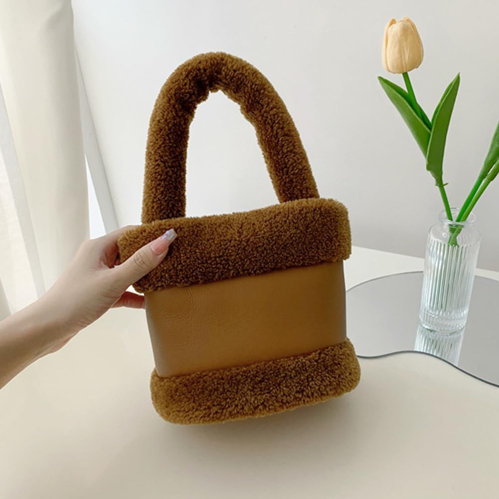Women's Plush Teddy Top-Handle Bucket Bag, Brown