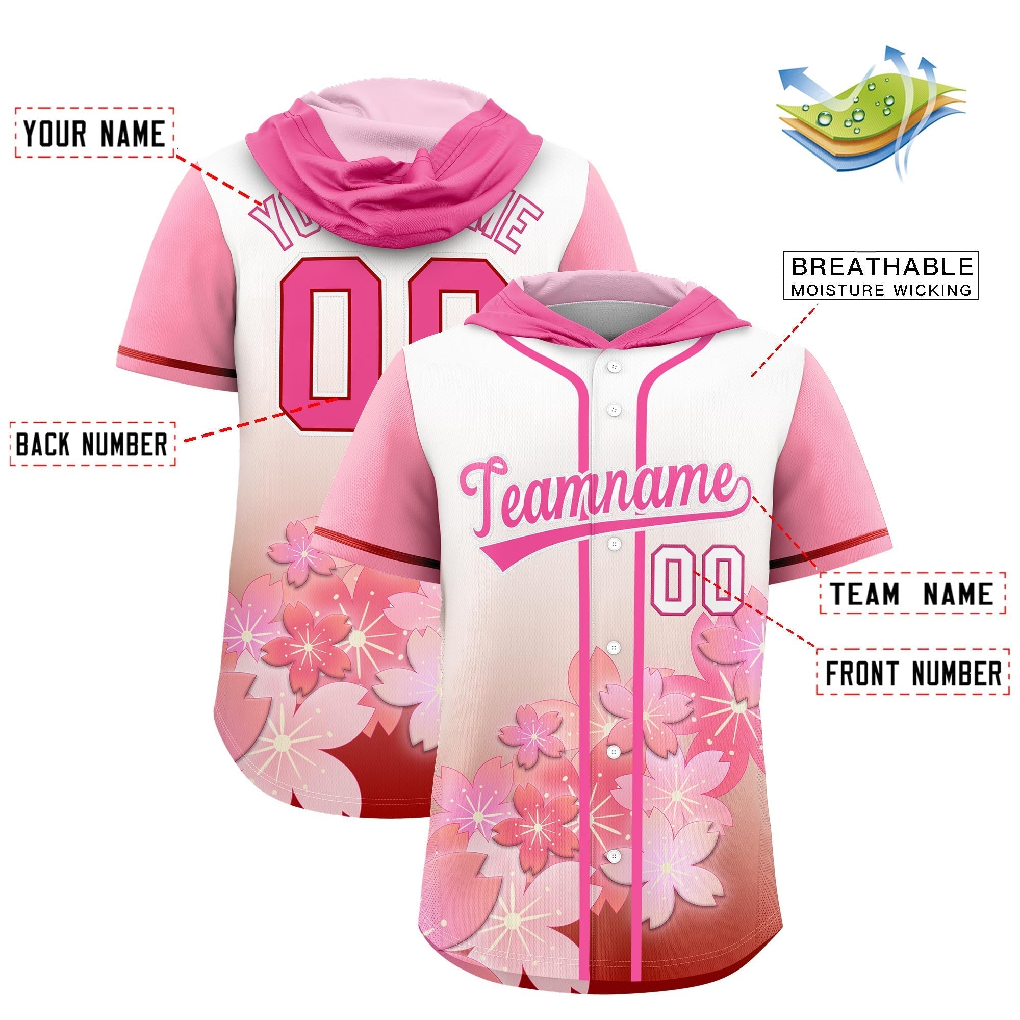 Benutzerdefiniertes Kirschblüten-Raglanärmel-atmungsaktives Baseball-Kapuzentrikot Benutzerdefiniertes Kirschblüten-Raglanärmel-atmungsaktives Baseball-Kapuzentrikot