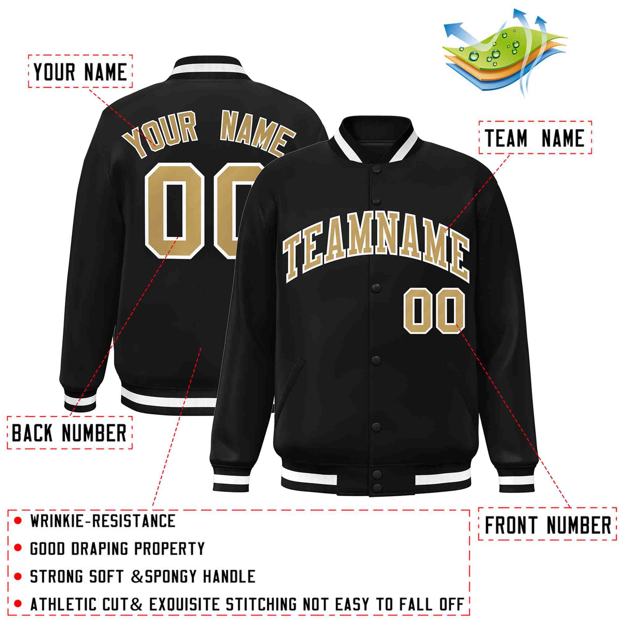 Custom Old Gold-White Classic Style Varsity Full-Snap Letterman Jacket