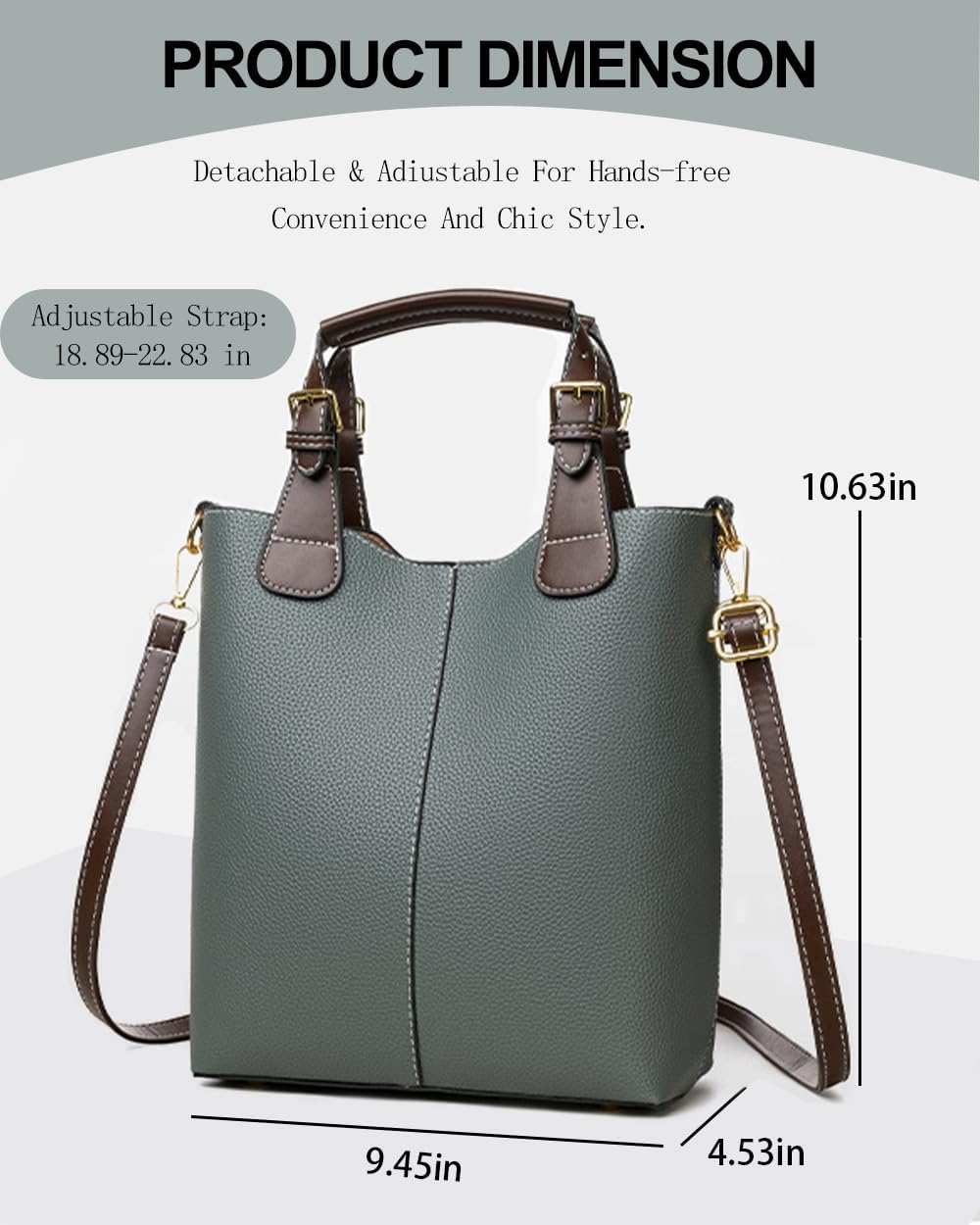 Women's Vegan Leather Bucket Handbag with Strap, Green Women's Vegan Leather Bucket Handbag with Strap, Green