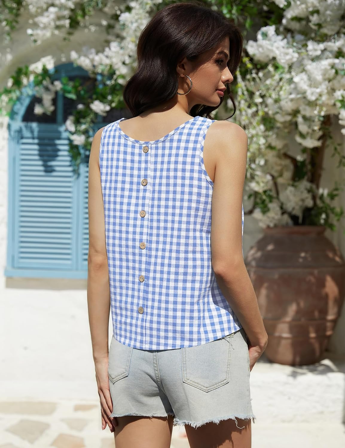 Women's Gingham Print Crew Neck Tank Top Blue Women's Gingham Print Crew Neck Tank Top Blue