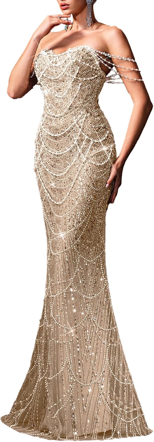 Women's Strapless Champagne Evening Gown Beaded Bodycon Maxi Dress Cocktail Wedding