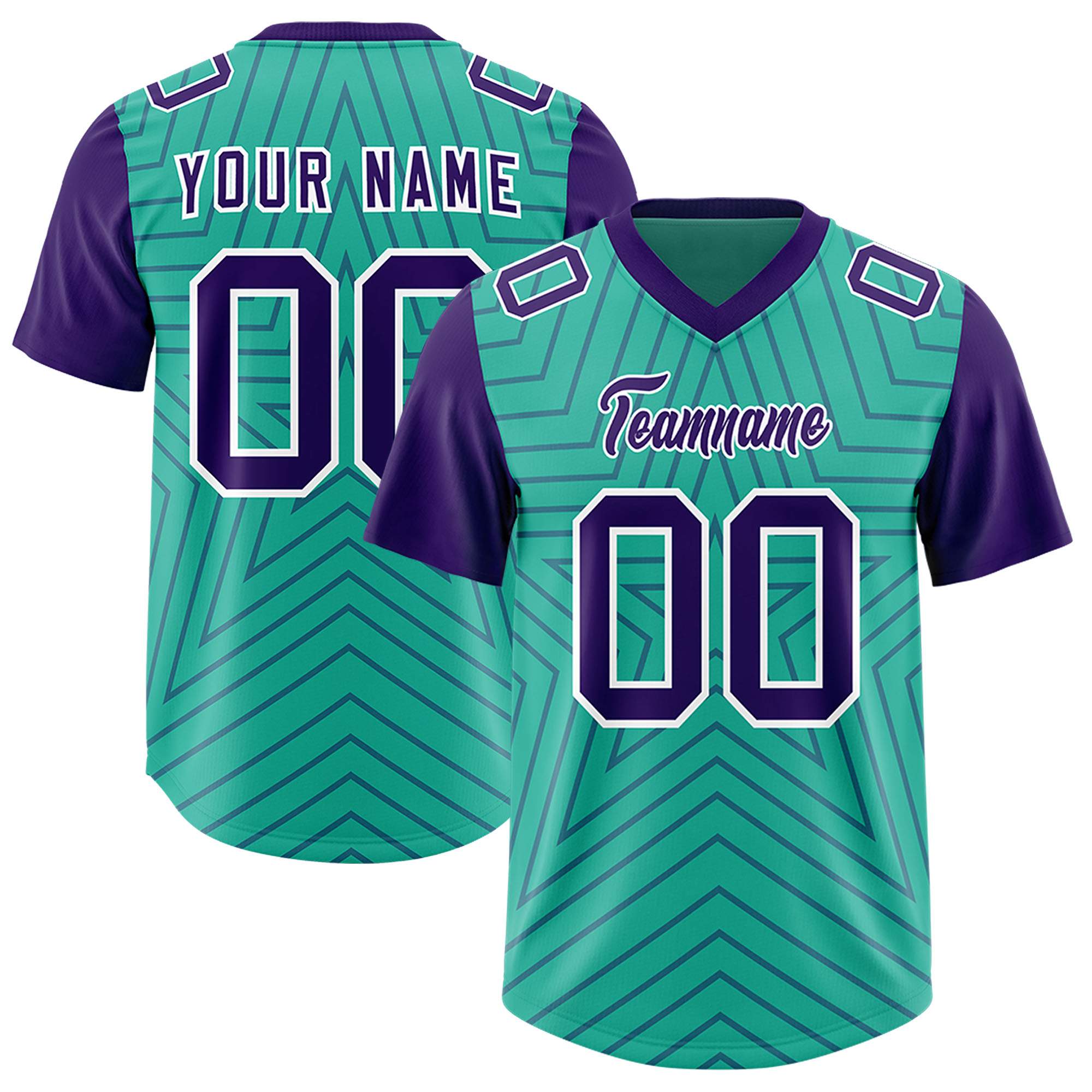 Benutzerdefinierte leuchtend grün lila personalisierte Sternmuster Raglanärmel authentisches Fußballtrikot