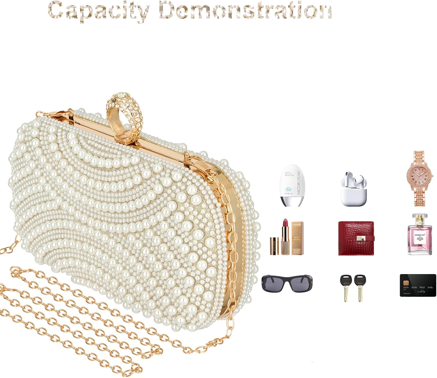 Women's Pearl Beaded Clutch Evening Bag with Gold Chain Women's Pearl Beaded Clutch Evening Bag with Gold Chain
