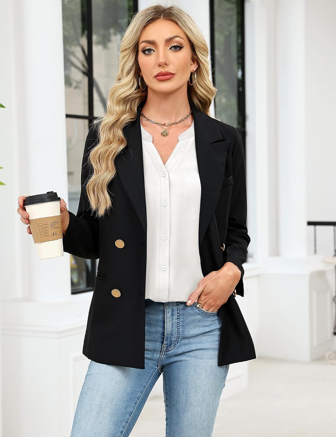 Button Down Shirts for Women 3-Quarter Length Sleeve Business Casual Blouses Summer Tops
