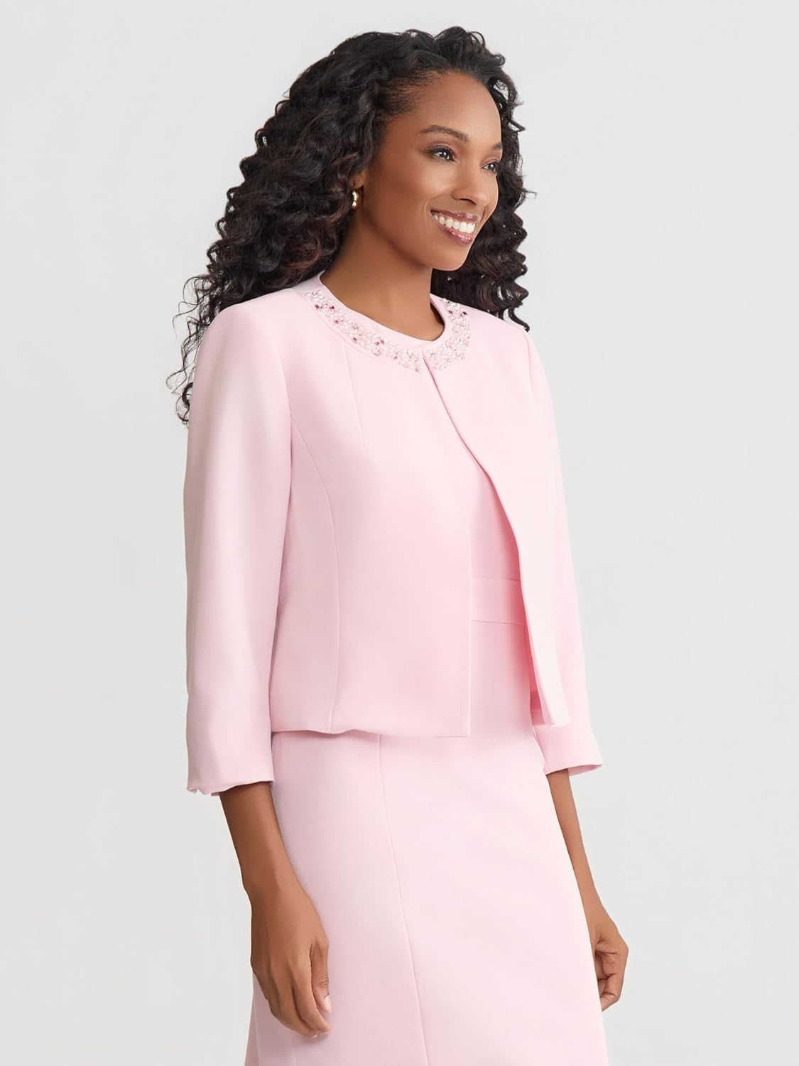 Women's Beaded Collar Open Front Jacket Pink