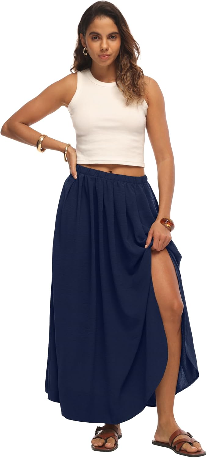 Womens Maxi Skirts High Waisted Flowy A Line Weekend Skirt with Side Slit for Spring Summer