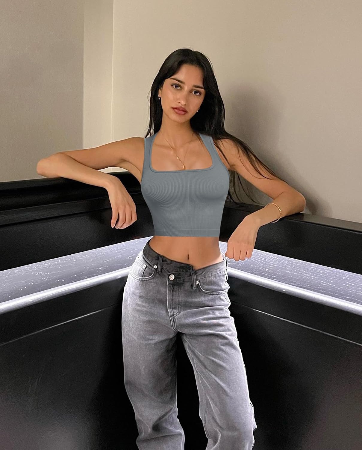 Women's Ribbed Square Neck Crop Tank Top 3 Pack Women's Ribbed Square Neck Crop Tank Top 3 Pack