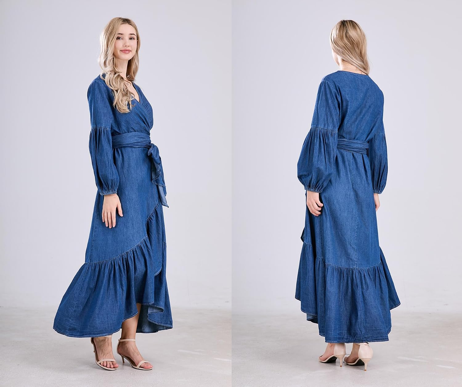 Womens Casual Belted Long Sleeve Denim Dress Wrapped V-Neck Ruffle Hem Maxi Dresses for Women