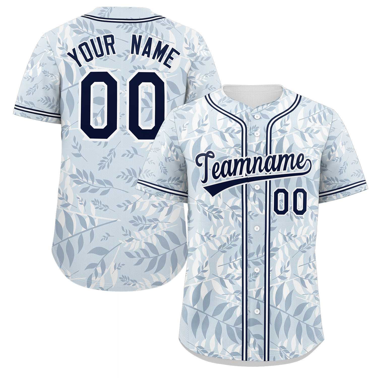 Benutzerdefiniertes authentisches Palmblatt-Baseballtrikot mit Graffiti-Muster in Hellblau, Marineblau und Weiß