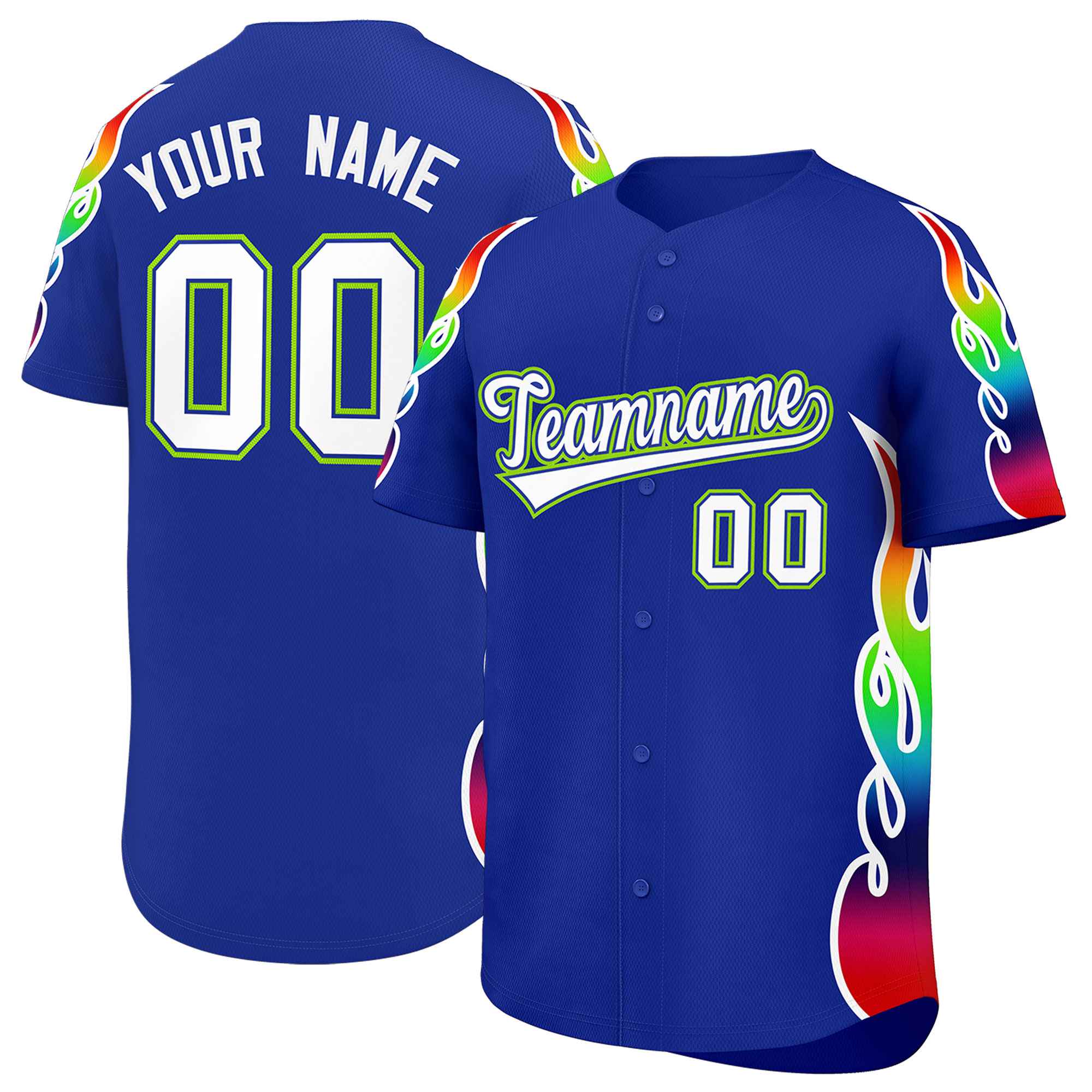 Benutzerdefiniertes Graffiti-Muster, personalisierter mehrfarbiger Flammendruck, authentisches Baseball-Trikot