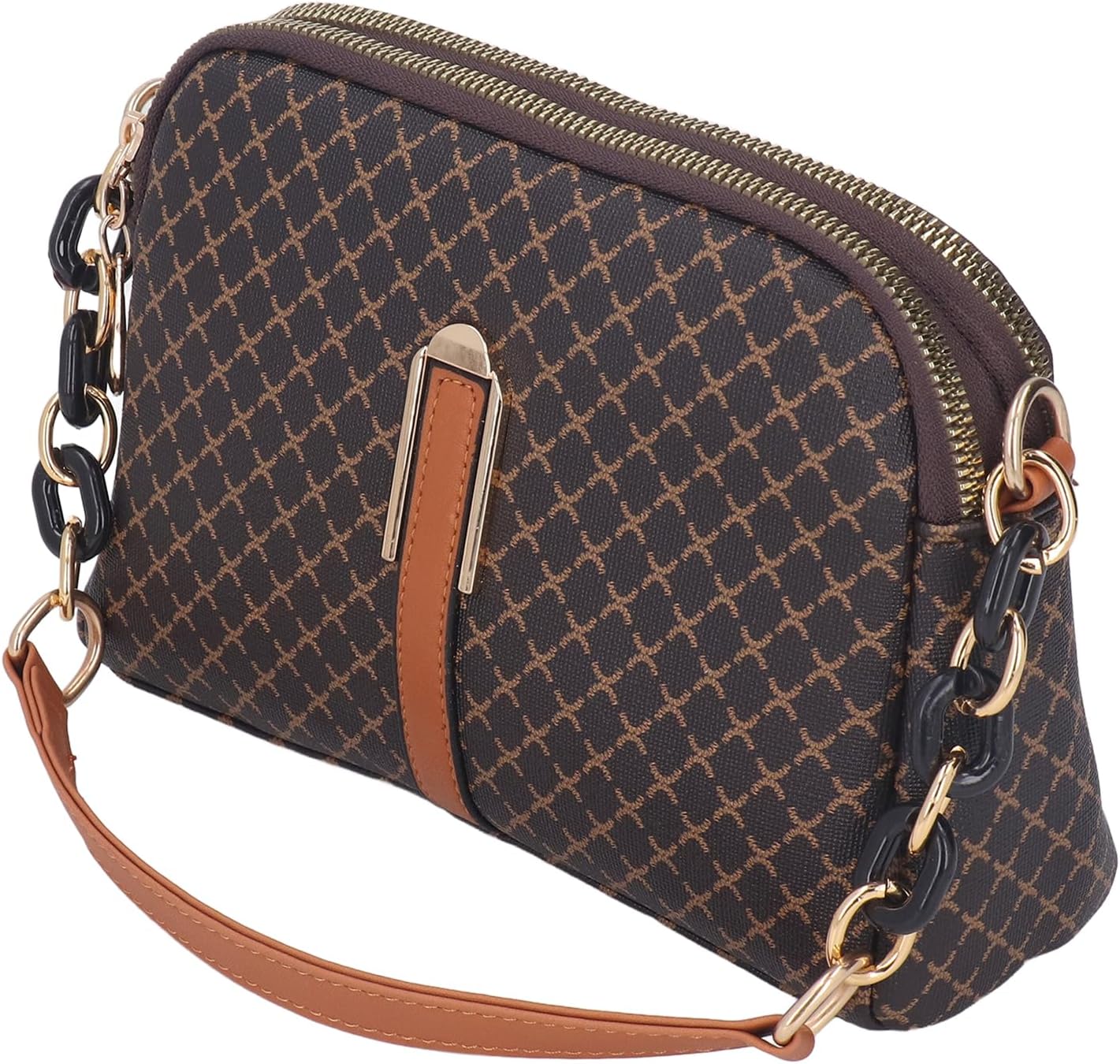Women's Vintage Diamond Print Chain Shoulder Satchel Brown