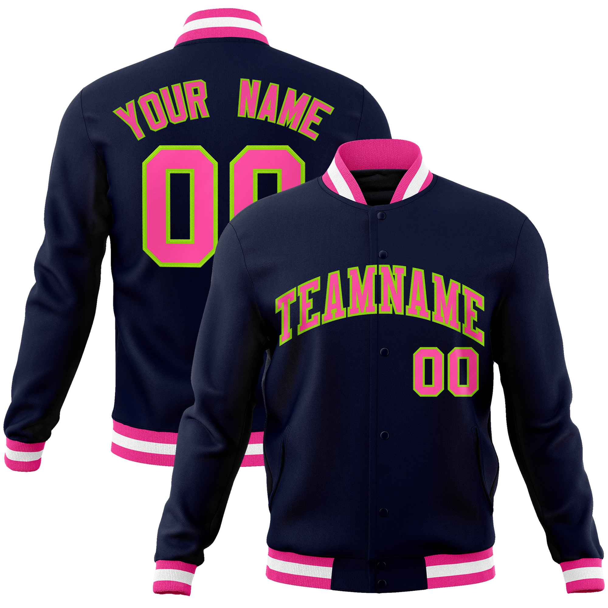 Custom Pink-Neon Green Classic Style Varsity Full-Snap Letterman Jacket