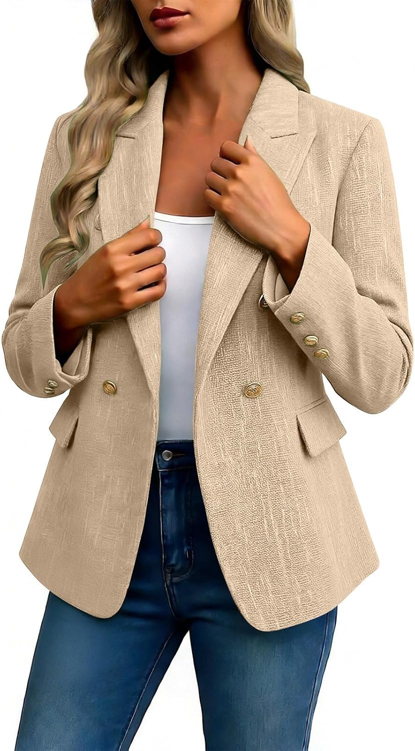 Women's Tweed Double Breasted Blazers Business Casual Suit Jackets Women Blazer Jacket Long Sleeve Notch Lapel Button Down Work Office with Pockets Women's Tweed Double Breasted Blazers Business Casual Suit Jackets Women Blazer Jacket Long Sleeve Notch Lapel Button Down Work Office with Pockets