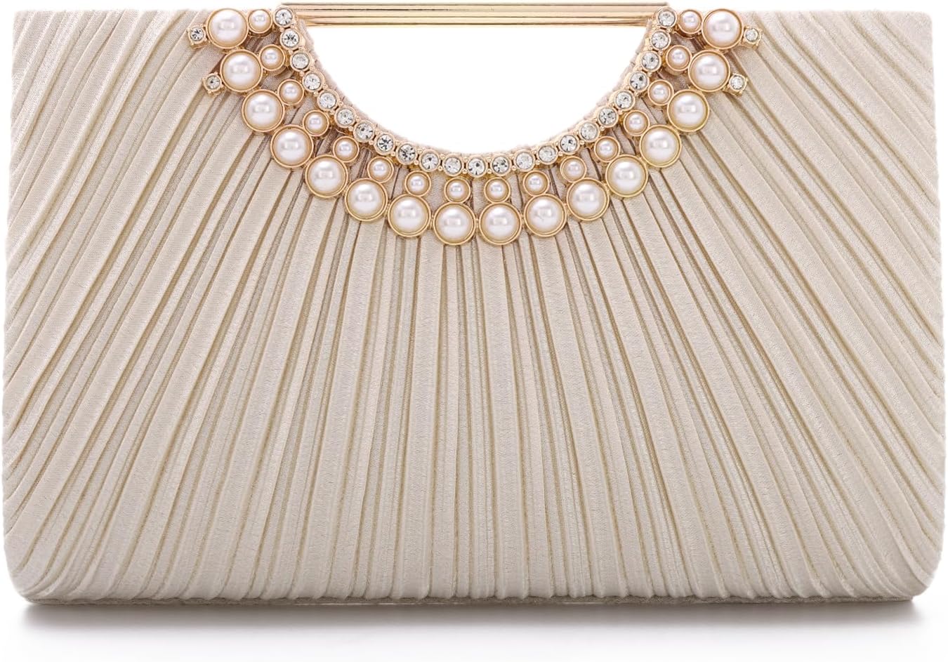 Women's Pleated Satin Clutch with Pearl Handle and Chain