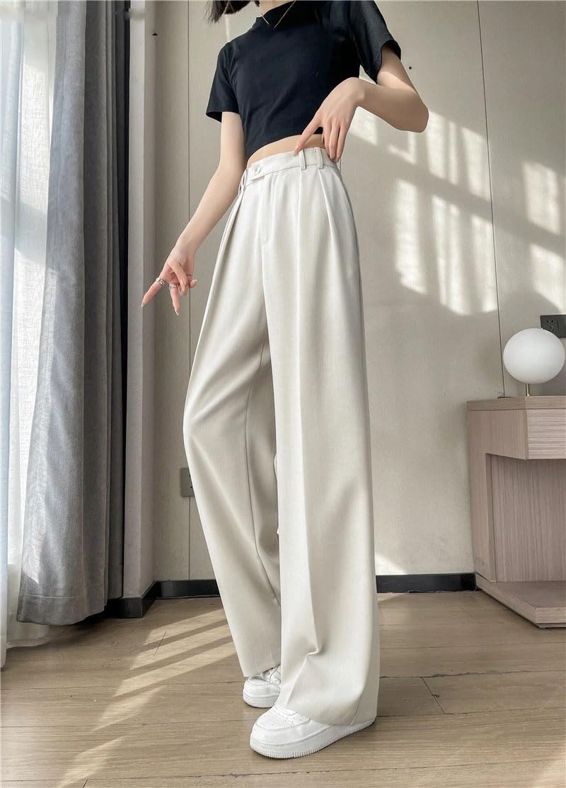 Women's Elegant Straight Trousers Button Wide Leg Pants with Pockets Spring Summer
