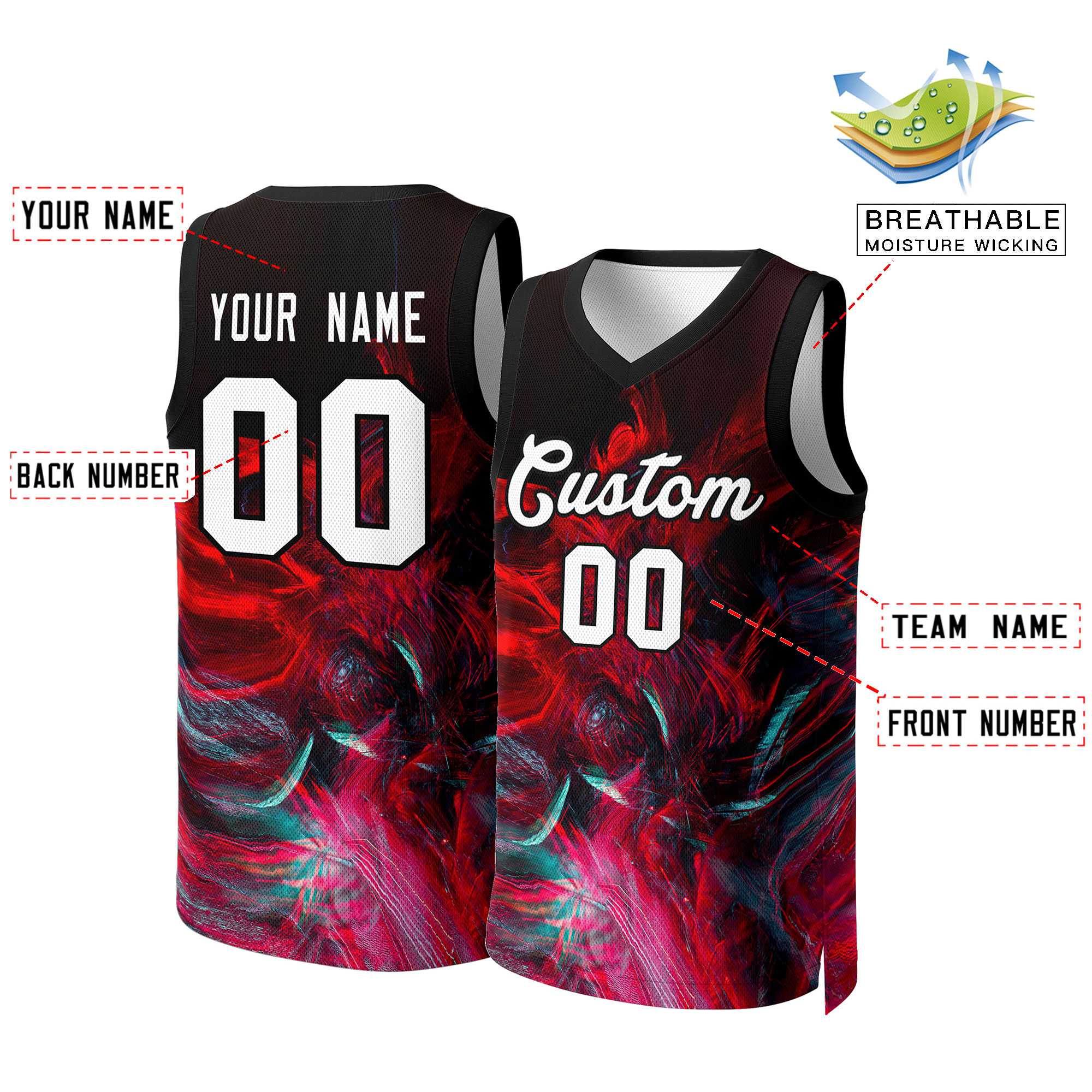 Benutzerdefinierte Graffiti-Muster Tops Mesh-Basketball-Trikot