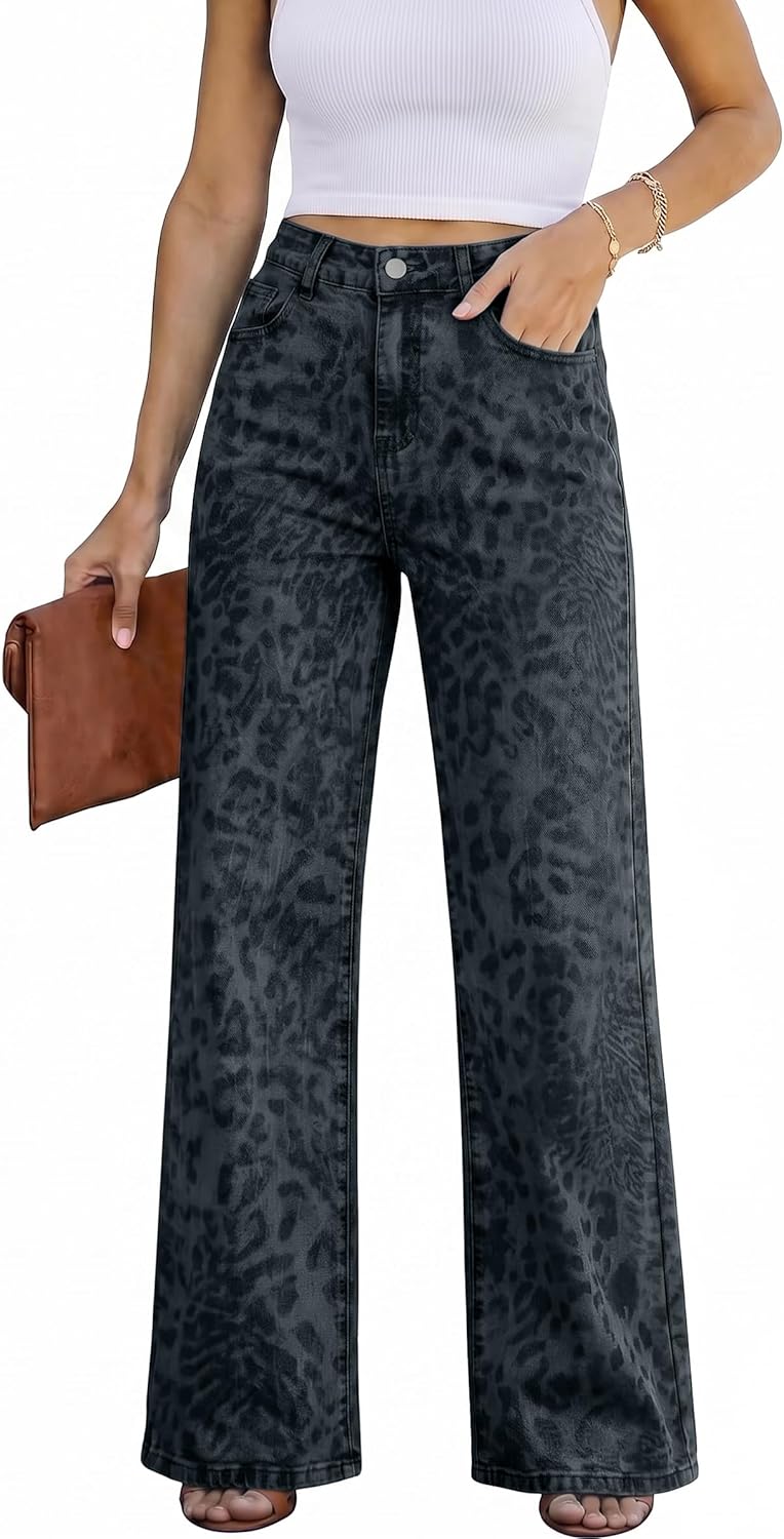 Women's Leopard Print Wide Leg Pants Summer Lightweight Straight Trousers Trendy Retro