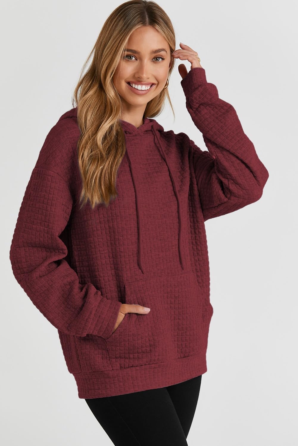 Womens Hoodies Casual Drawstring Waffle Pullover Tops Hooded Sweatshirt with Pocket
