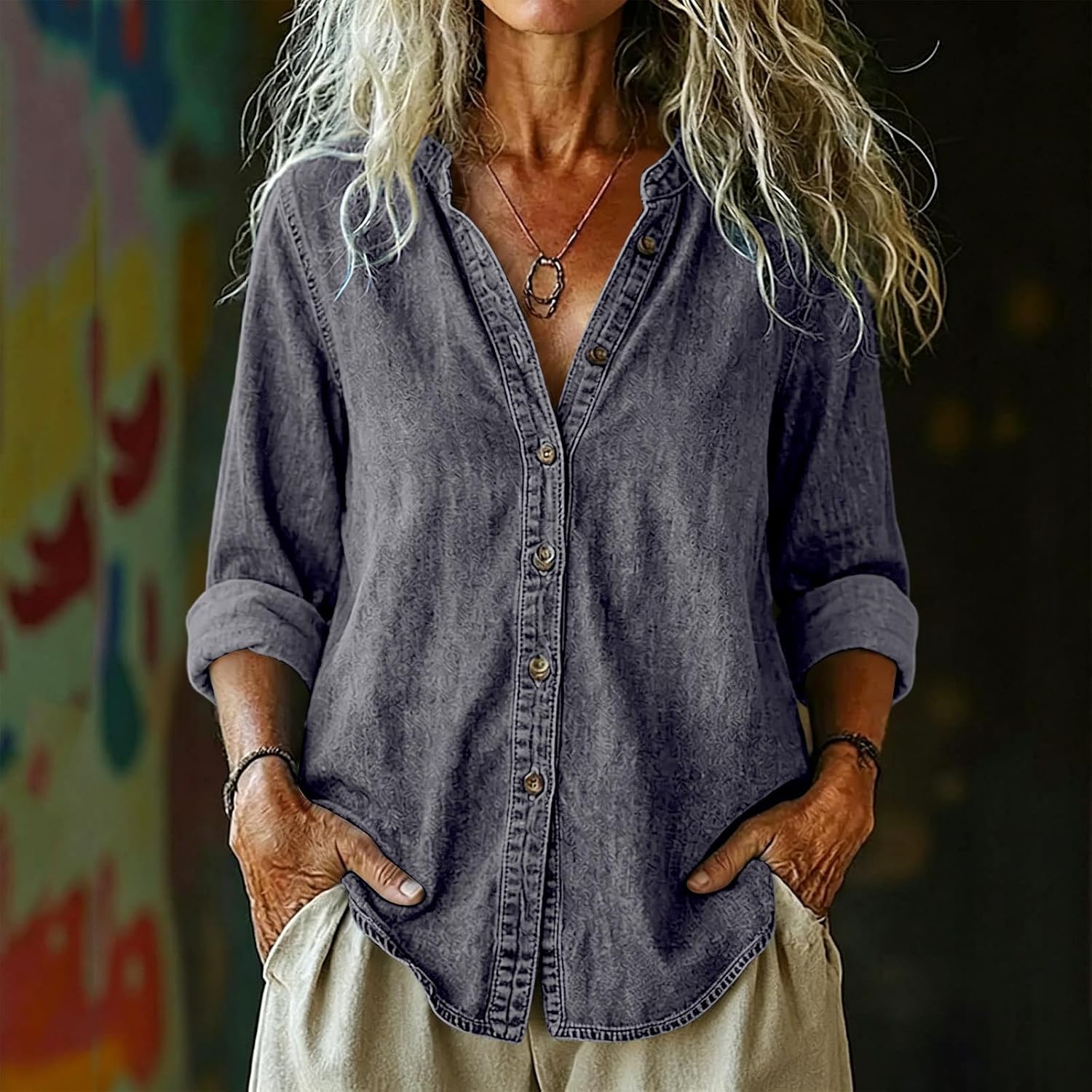 Jean Shirts for Women Vintage V Neck Button down Denim Blouses Dressy Long Sleeve Tops Ripped Distressed Shirt Jackets Breathable Relaxed Fit Cardigan