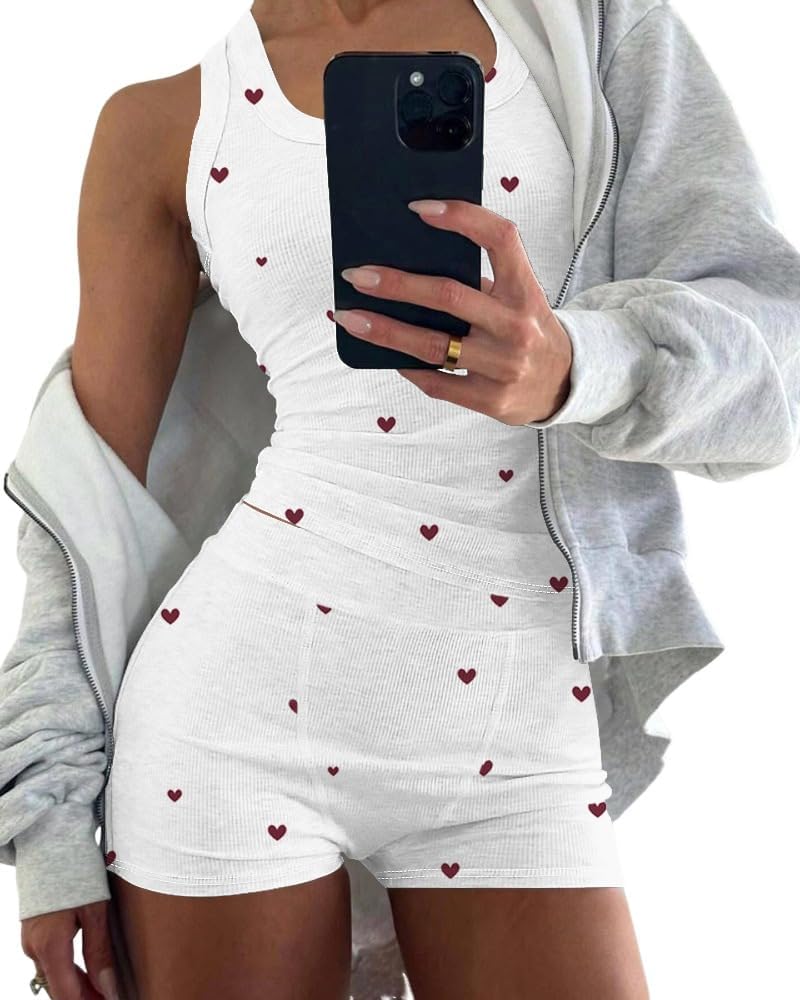Women's Heart Print Ribbed Tank and Shorts Lounge Set