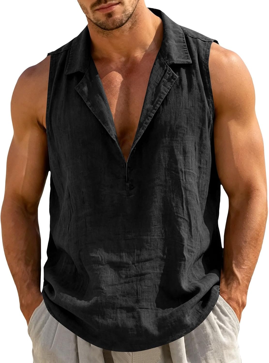 Men's Sleeveless Cotton Linen Shirt Open Collar Black