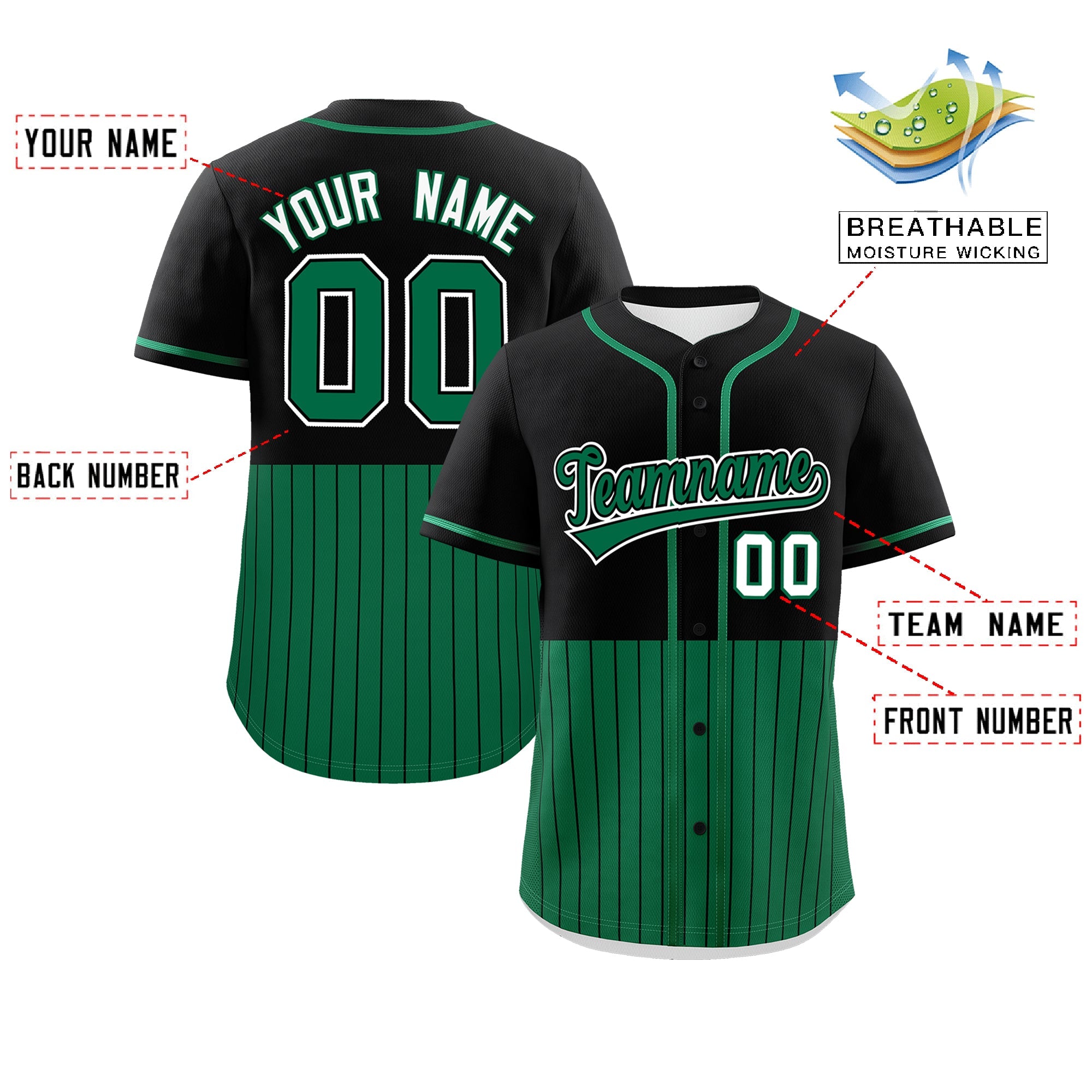 Individuell personalisiertes, authentisches Baseball-Trikot mit Halbstreifen-Design