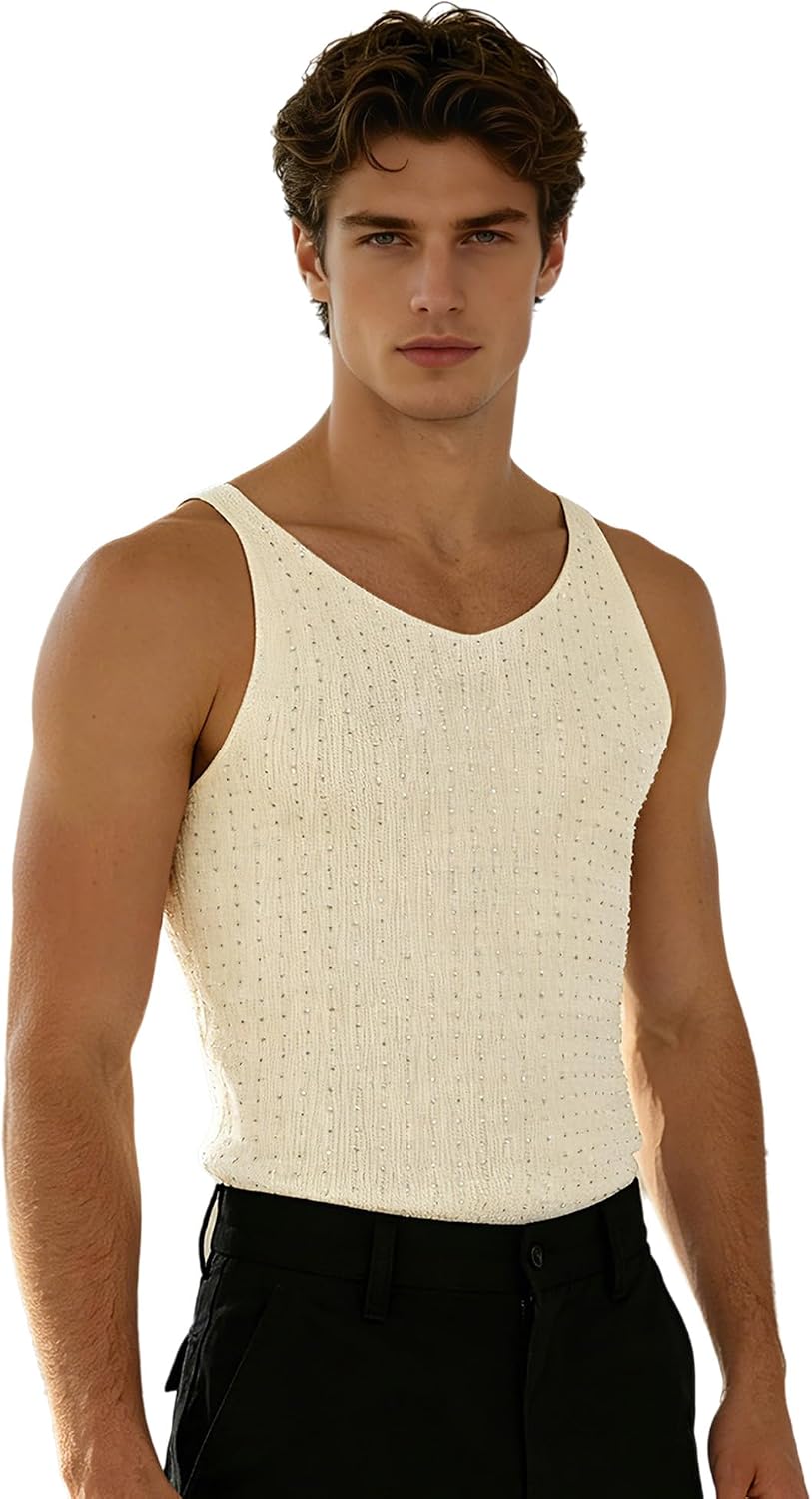 Men's Rhinestone V Neck Knit Tank Top Cream