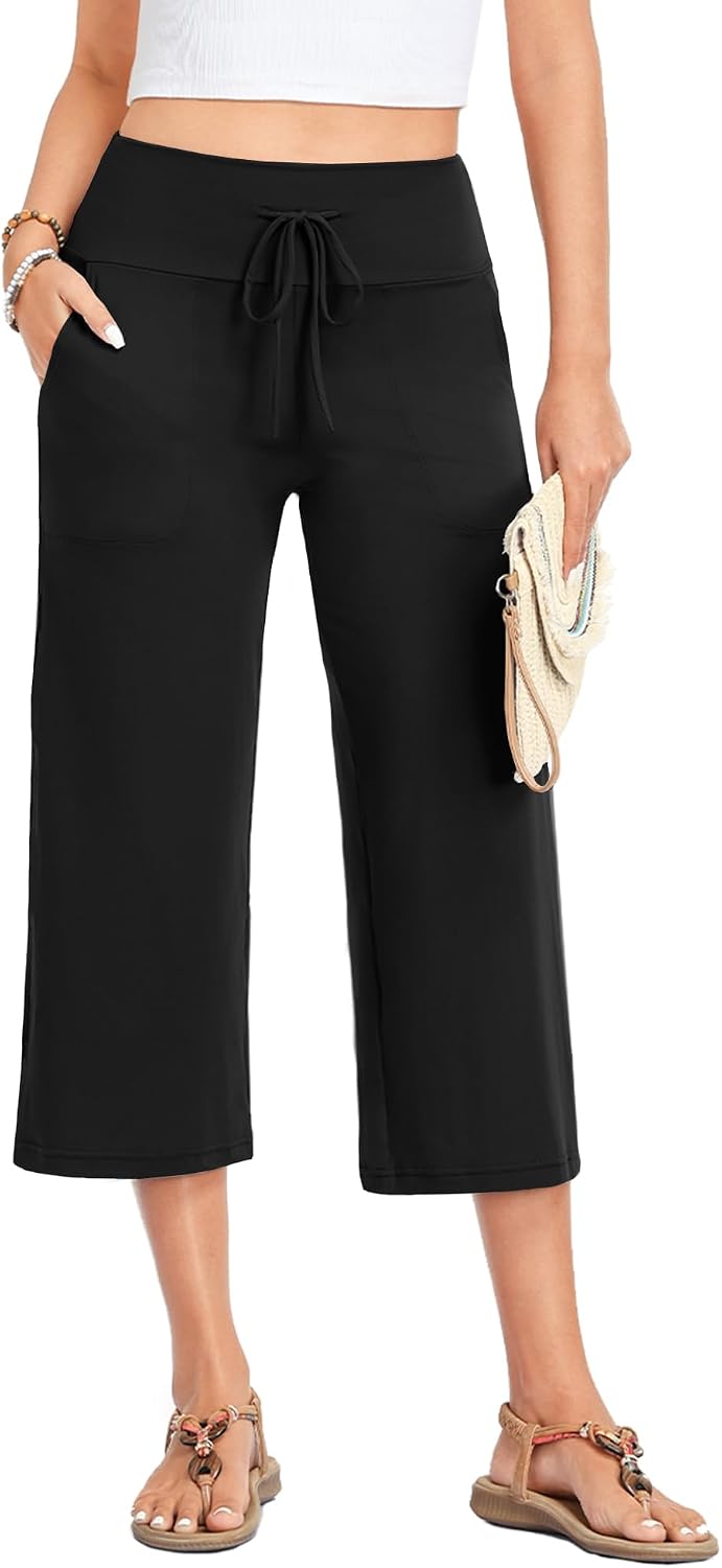Capri Pants for Women - Wide Leg Loose Trousers with Pockets Summer High Waisted Drawstring