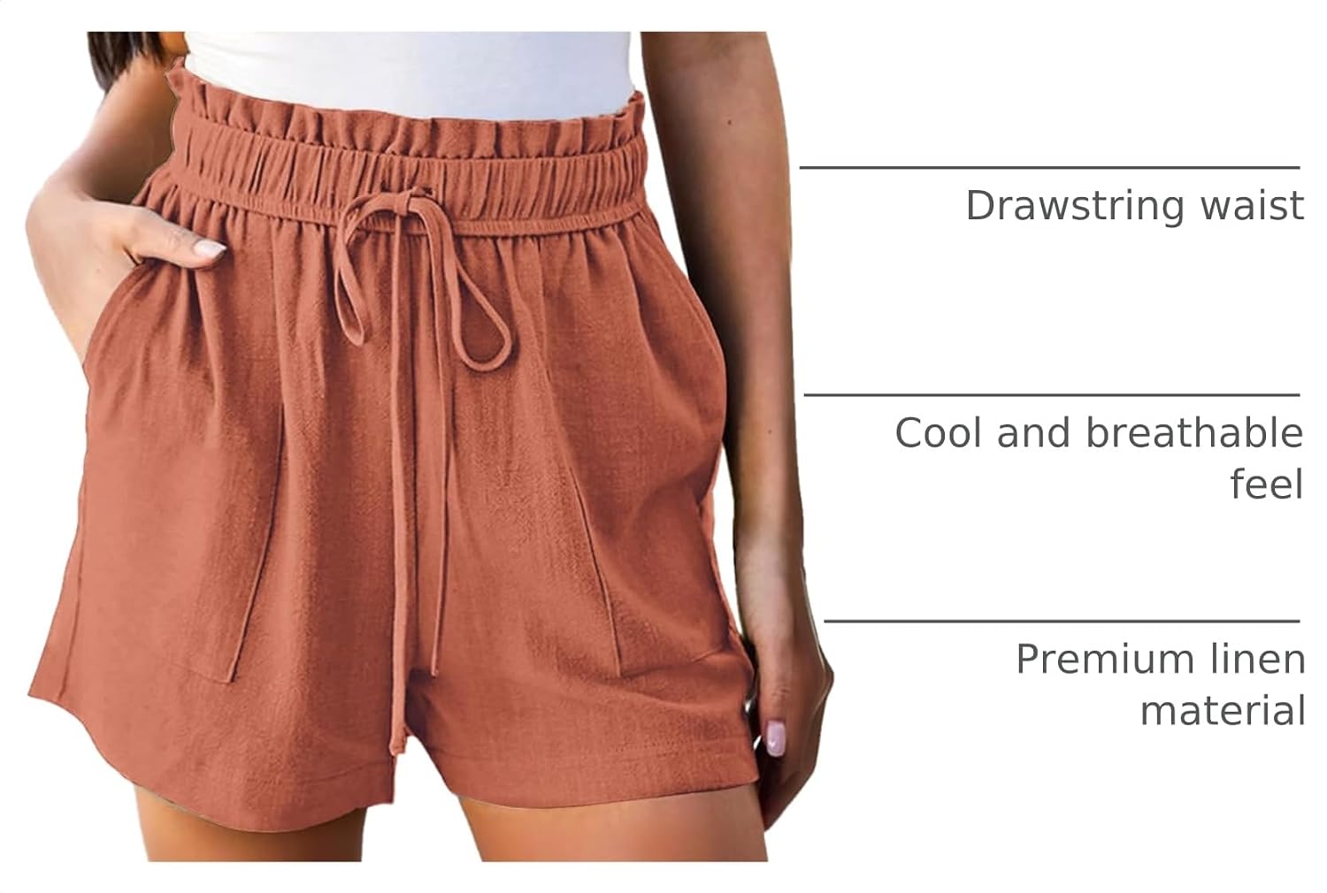 High Waisted Linen Shorts for Women Pockets Beach Vacation Resort Wear Casual Summer Lounge
