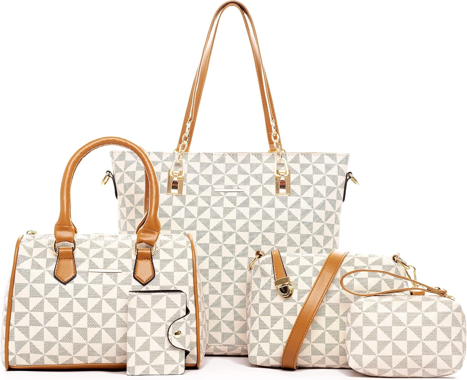 Women's Geometric Print Top Handle Satchel Bag Set Beige