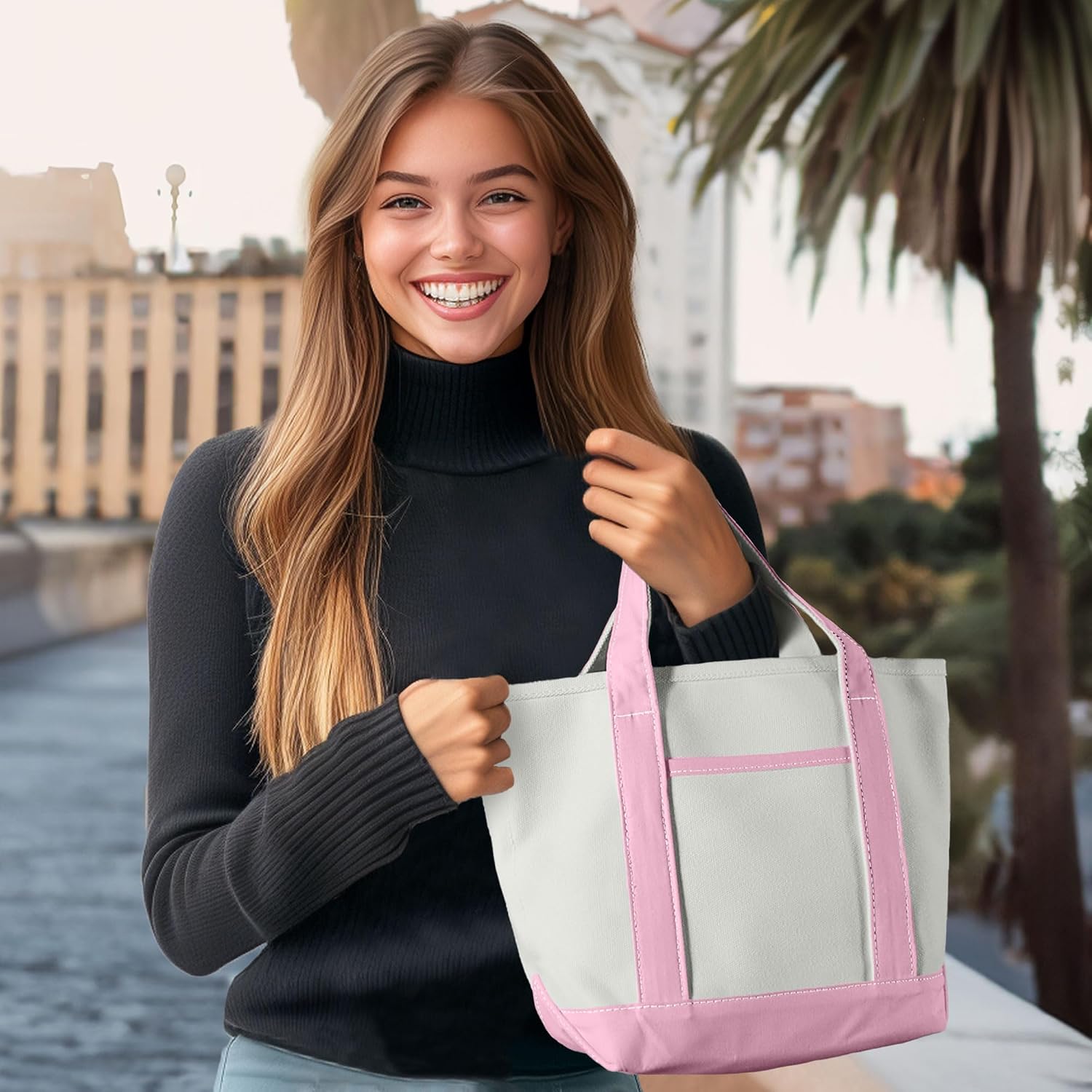 Women's Cotton Canvas Tote Bag White Pink Women's Cotton Canvas Tote Bag White Pink