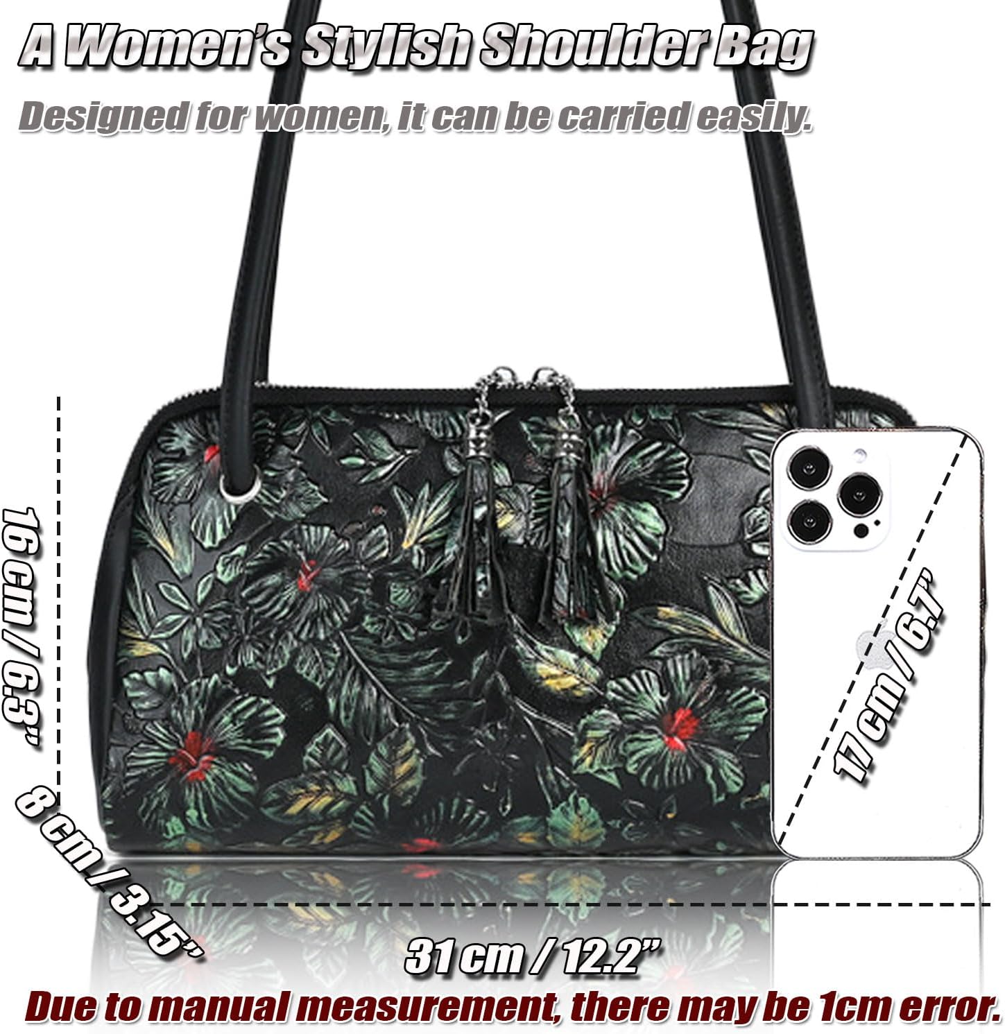 Women's Embossed Floral Leather Zip Shoulder Bag Black