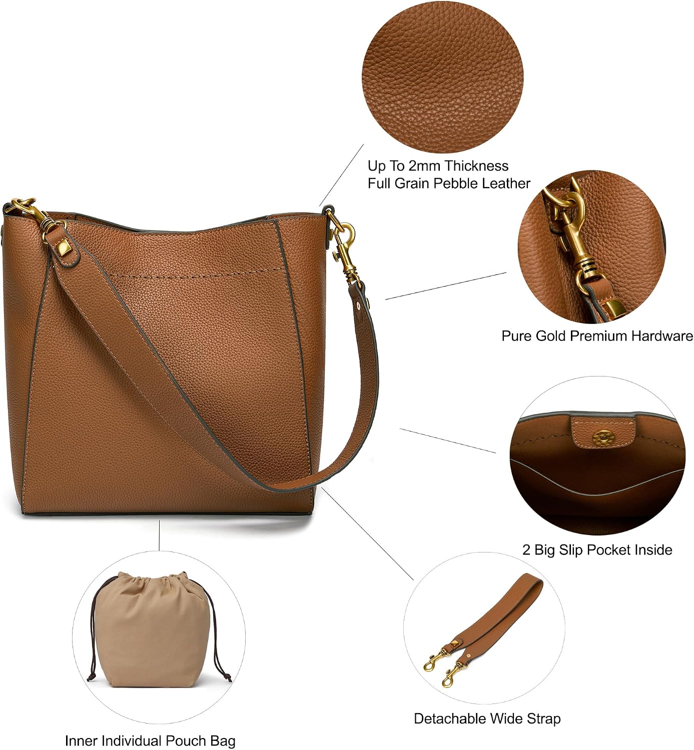 Women's Pebbled Leather Bucket Hobo Bag Gold Hardware Women's Pebbled Leather Bucket Hobo Bag Gold Hardware