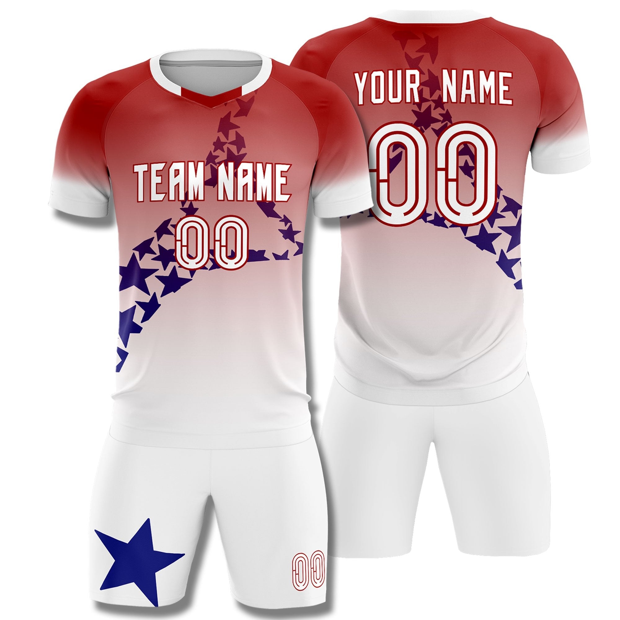 Maßgeschneidertes rotes Royal America Star-WM-inspiriertes, schnell trocknendes, modisches Fußball-Set-Trikot mit Farbverlauf