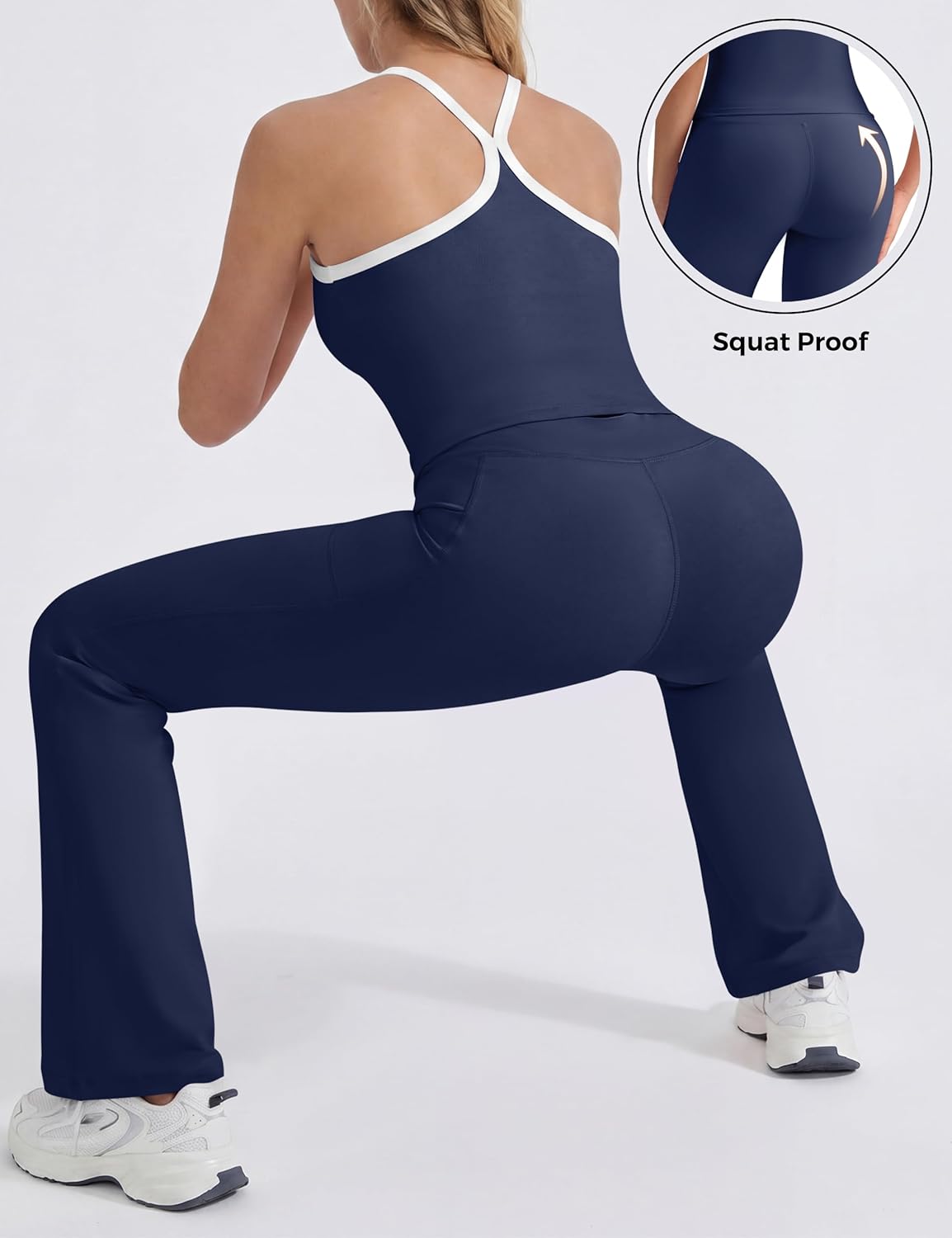 Women 2 Piece Workout Sets High Waisted Flare Leggings with Pockets Matching Cross Back Tank Top Contrast Trim